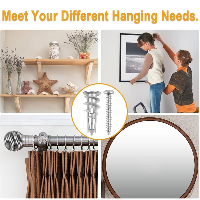 KURUI Metal Self Drilling Drywall Anchors, 116PCs Shatter-Resistant Wall Anchors and Screws Kit, 58 Heavy Duty Sheetrock Anchors + 58#6 x 1-1/4'' Screws, Zinc Hollow Dry Wall Anchors 50LB Hanging - Image 5